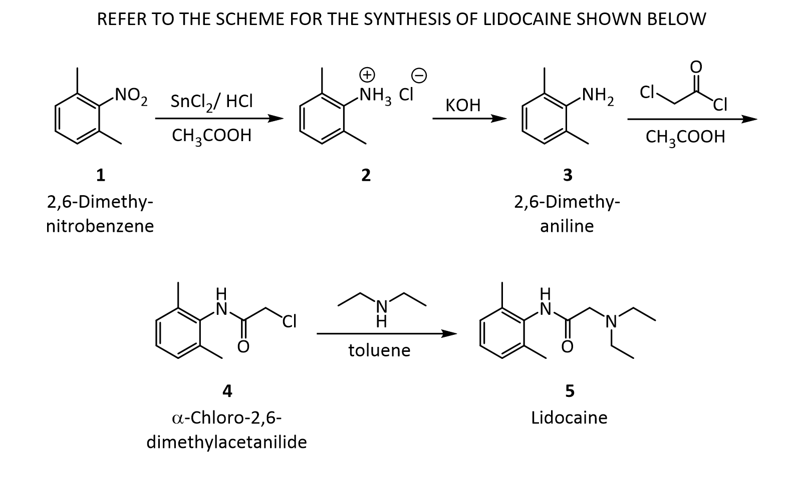 REFER TO THE SCHEME FOR THE SYNTHESIS OF LIDOCAINE SHOWN BELOW © NH, CI q NH2 avec NO2 SnCl2/ HCI CH3COOH KOH CH3COOH 2 3 1 2