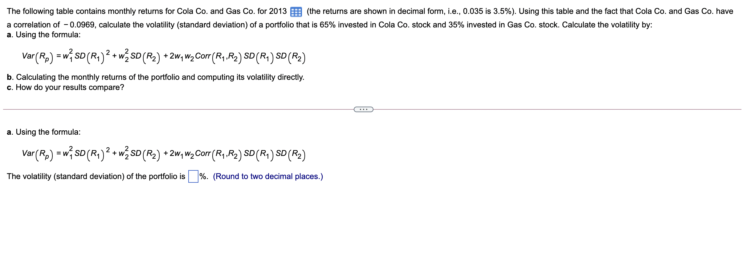 Solved The following table contains monthly returns for Cola | Chegg.com