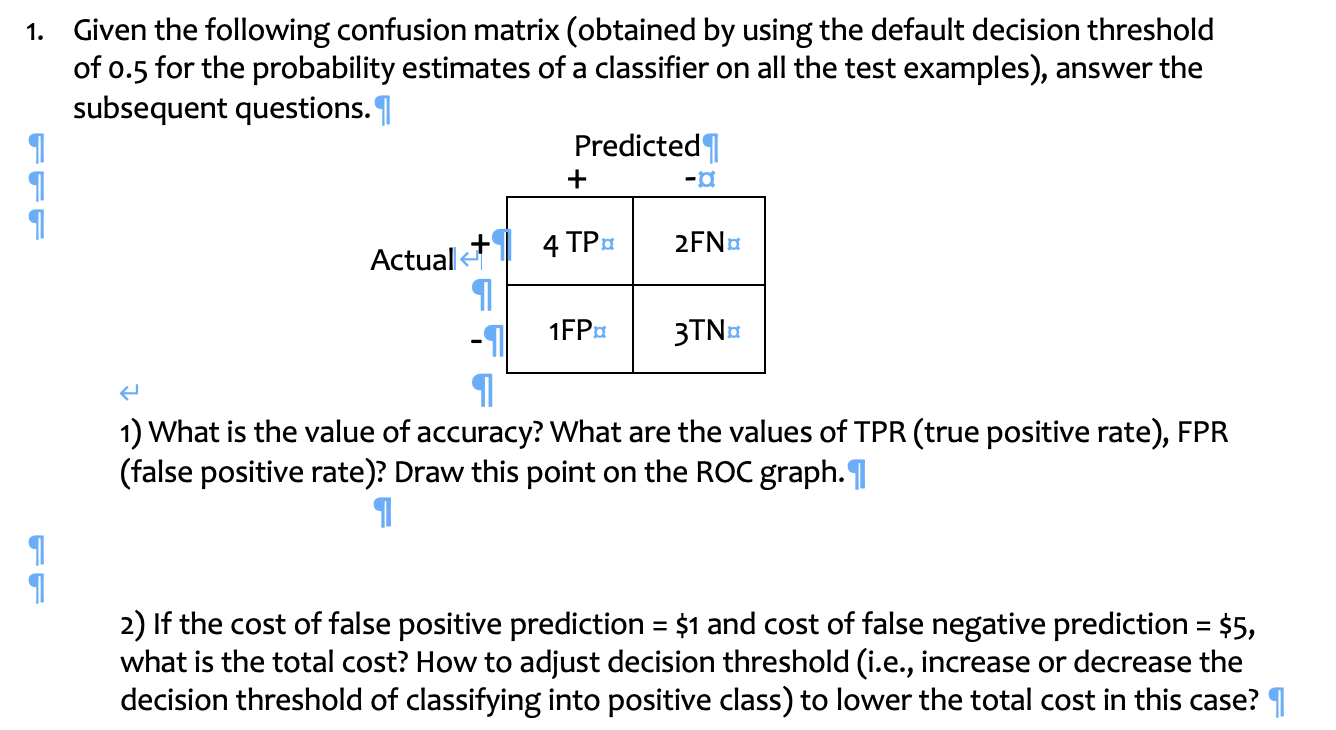 Solved 1. Given The Following Confusion Matrix (obtained By | Chegg.com