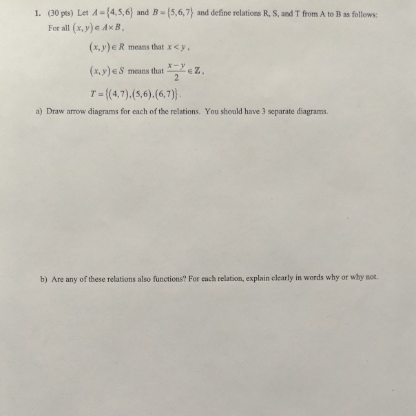 Solved 1. (30 pts) Let A = {4,5,6) and B = {5,6,7) and | Chegg.com