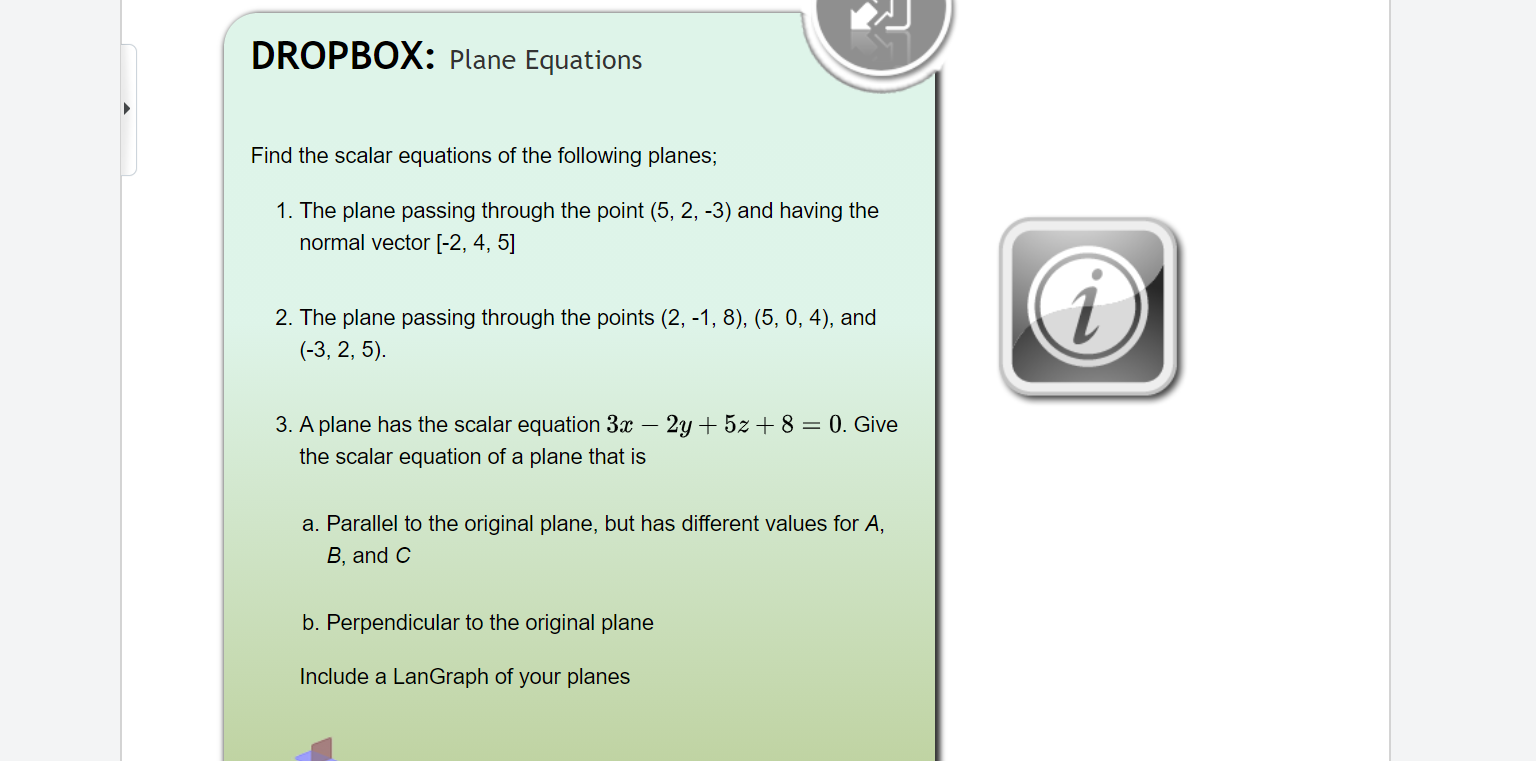Solved DROPBOX: Plane Equations Find the scalar equations of | Chegg.com
