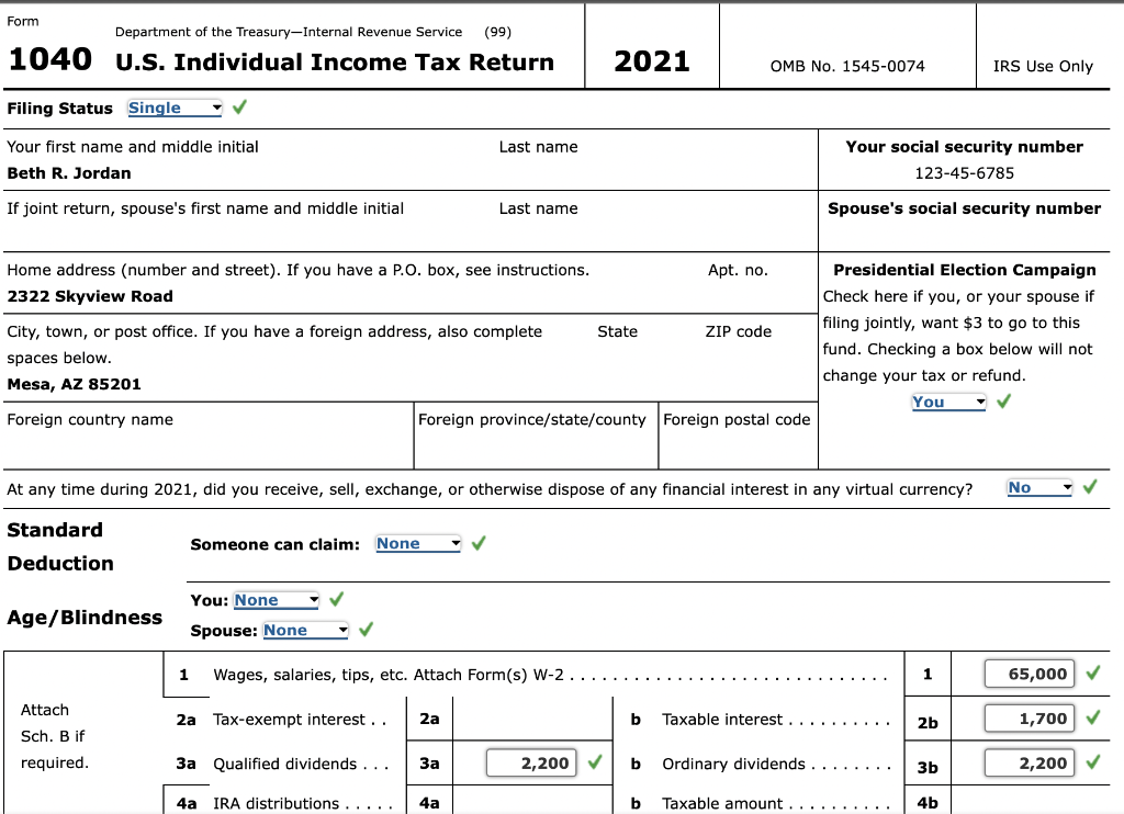 Form 1040 U.S. Individual Income Tax Return 2021 OMB | Chegg.com