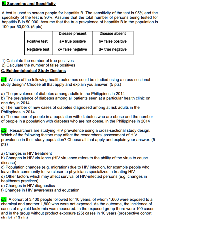 Solved B. Screening And Specificity A Test Is Used To Screen | Chegg.com