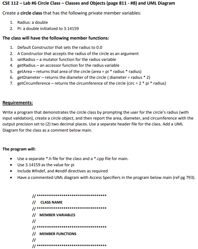 Solved CSE 112-Lab #6 Circle Class-Classes and Objects (page | Chegg.com