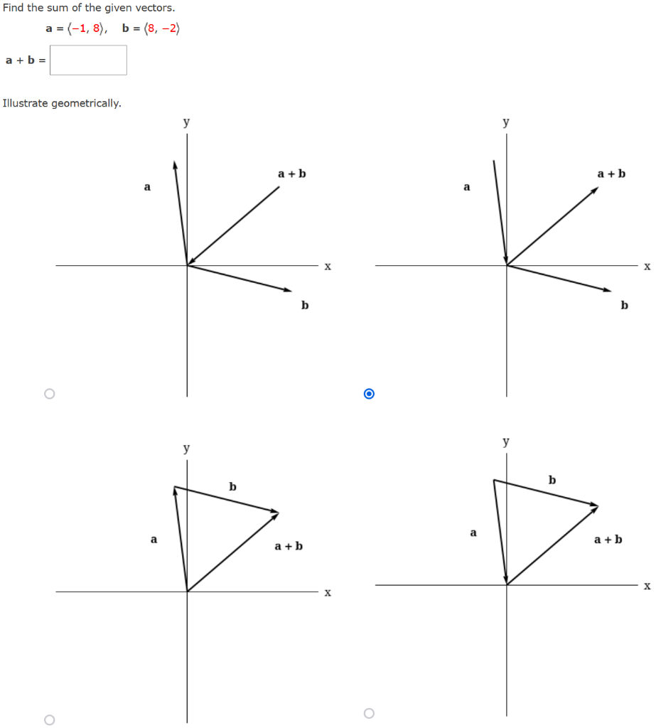 Find the sum of the given vectors.
\[
\mathbf{a}=\langle-1,8\rangle, \quad \mathbf{b}=\langle 8,-2\rangle
\]
\[
\mathbf{a}+\m