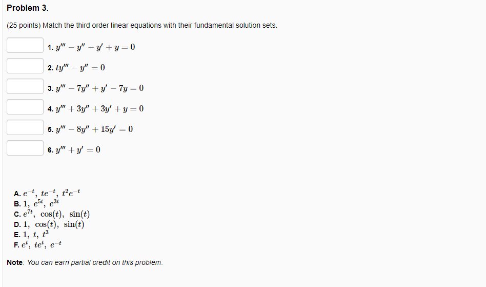 Solved Problem 3. (25 points) Match the third order linear | Chegg.com