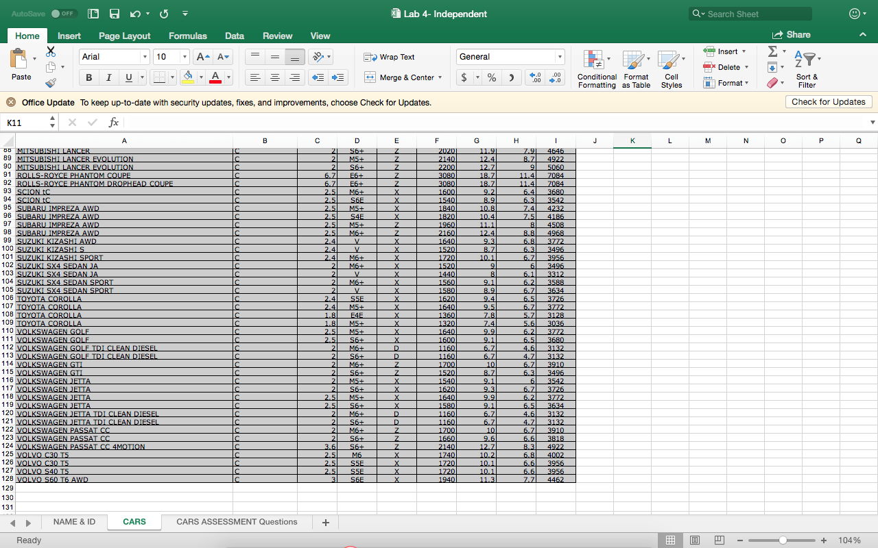 Solved Using the data on the CARS DATA worksheet, complete a | Chegg.com