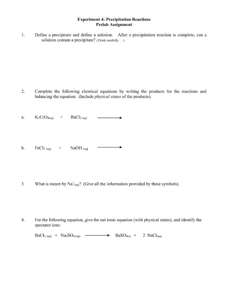 Solved Experiment 4: Precipitation Reactions Prelab | Chegg.com