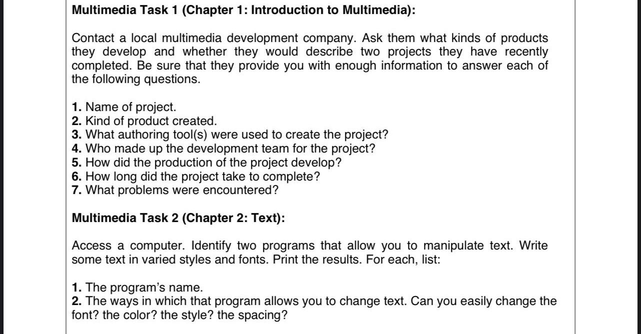 Solved Multimedia Task 1 (Chapter 1: Introduction to | Chegg.com