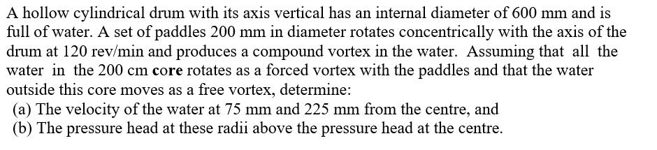 A hollow cylindrical drum with its axis vertical has an internal diameter of 600 mm and is full of water. a set of paddles 20