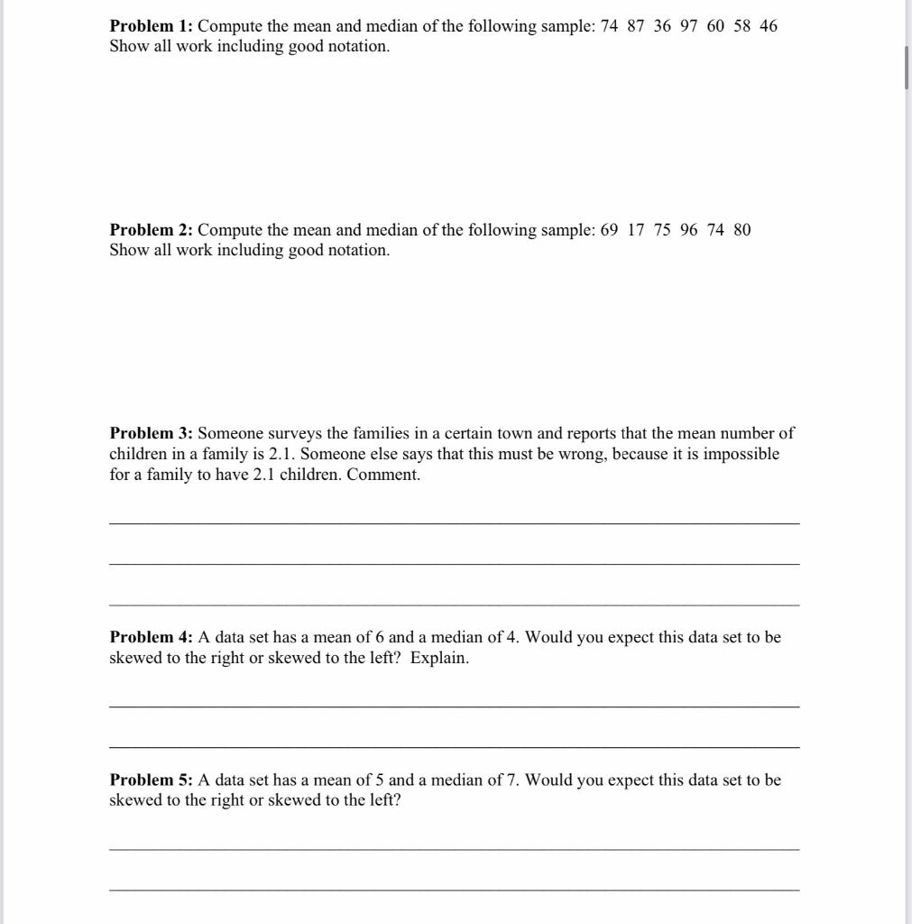 Solved Problem 1: Compute the mean and median of the | Chegg.com