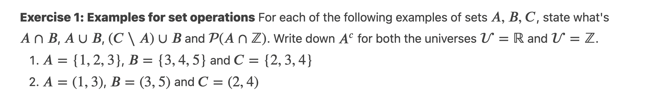 Solved Exercise 1: Examples for set operations For each of | Chegg.com