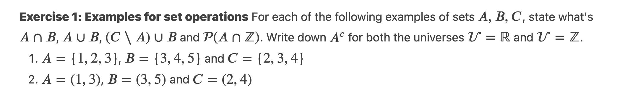 Solved Exercise 1: Examples For Set Operations For Each Of | Chegg.com