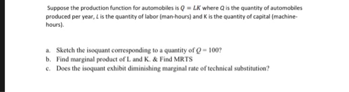 Solved Suppose the production function for automobiles is Q | Chegg.com