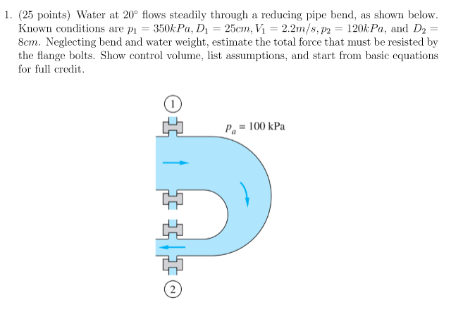 Solved 1. (25 points) Water at 20° flows steadily through a | Chegg.com