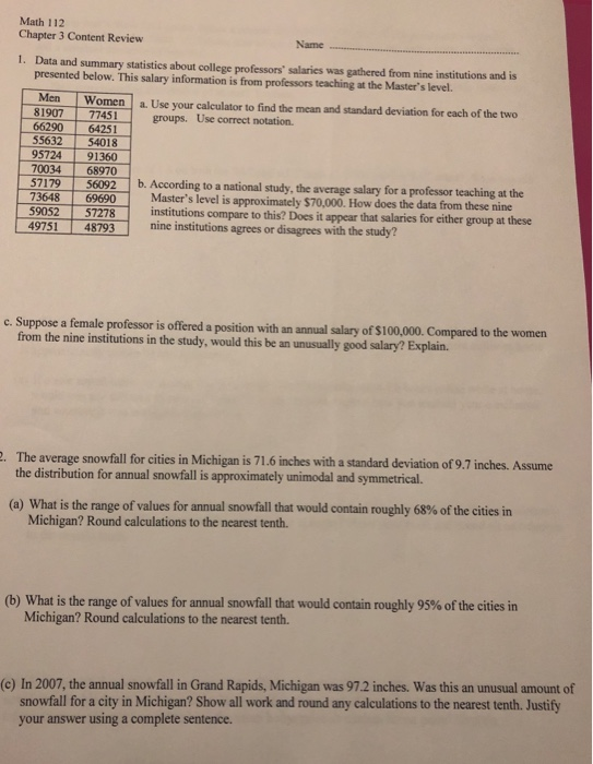 Solved Math 112 Chapter 3 Content Review Name Data and | Chegg.com