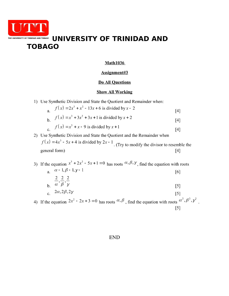 Solved UTT UNIVERSITY OF TRINIDAD AND TOBAGO THE UNIVERSITY | Chegg.com ...