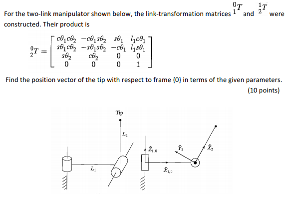 Solved For the two-link manipulator shown below, the | Chegg.com