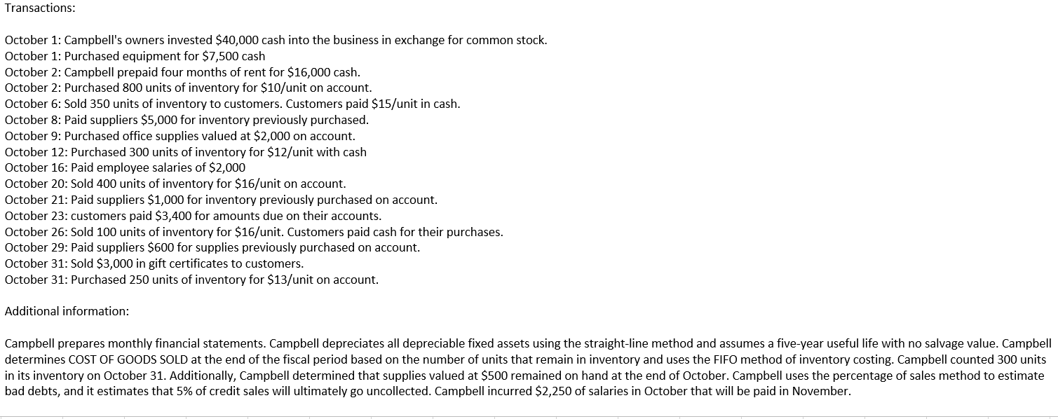 October 1: Campbells owners invested \( \$ 40,000 \) cash into the business in exchange for common stock.
October 1: Purchas