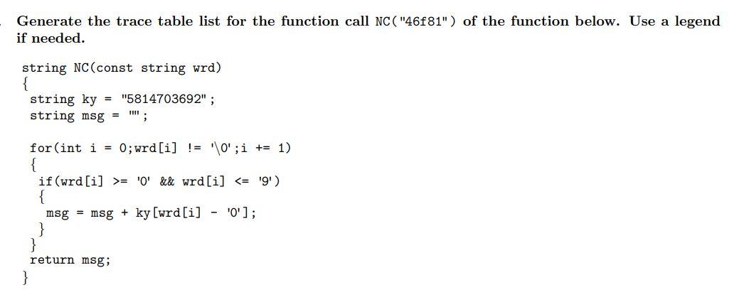 Solved Generate the trace table list for the function call | Chegg.com