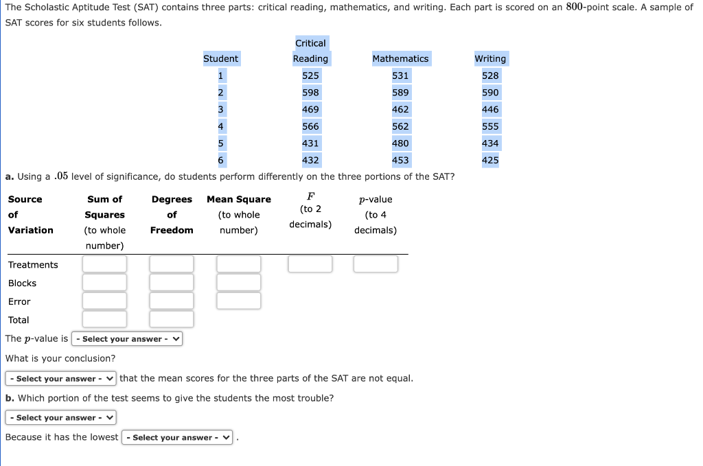 Solved The Scholastic Aptitude Test (SAT) Contains Three | Chegg.com