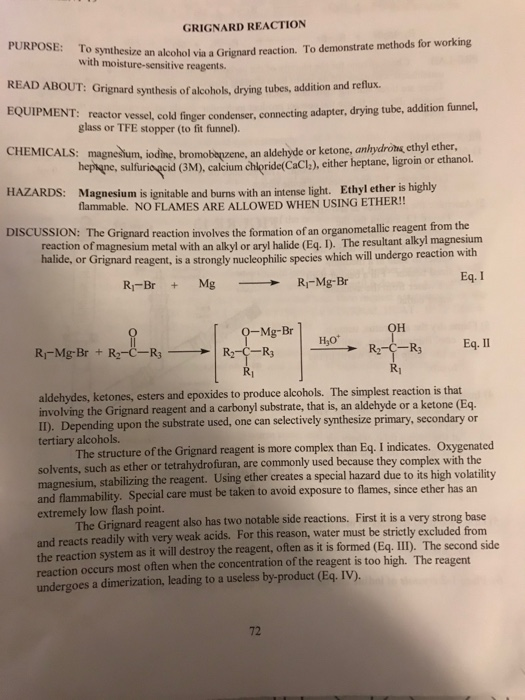 Solved GRIGNARD REACTION PURPOSE To synthesize an alcohol