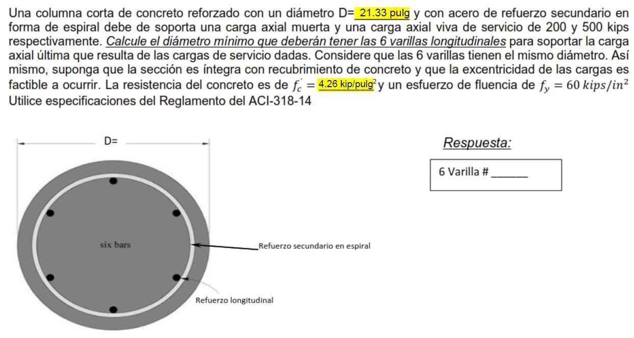 Una columna corta de concreto reforzado con un diámetro D= 21.33 pulg y con acero de refuerzo secundario en forma de espiral