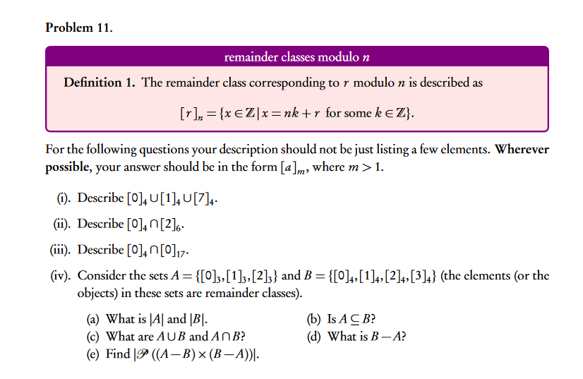 Solved remainder classes modulo n Definition 1. The | Chegg.com