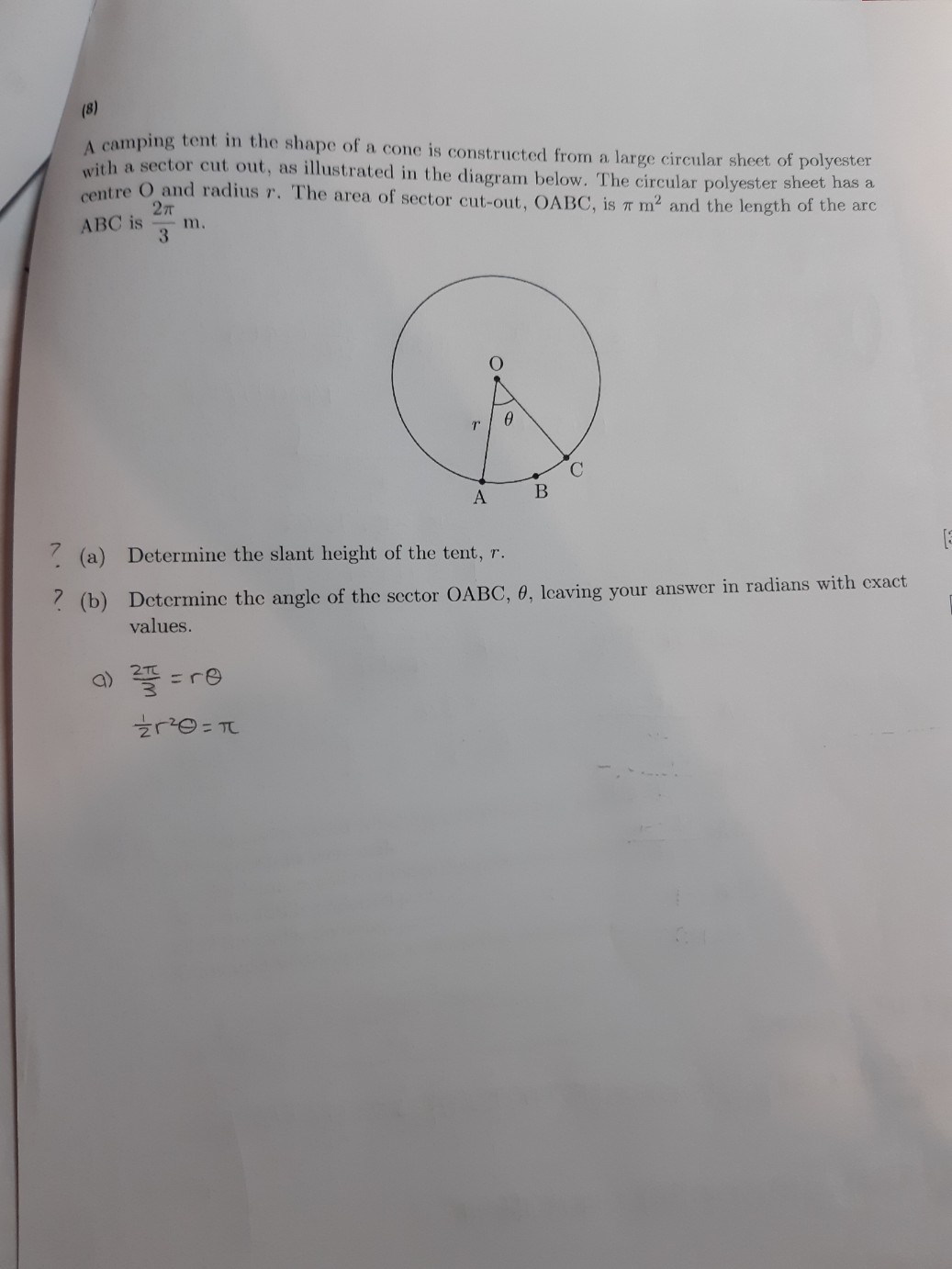 Solved (8) A camping tent in the shape of a cone is | Chegg.com