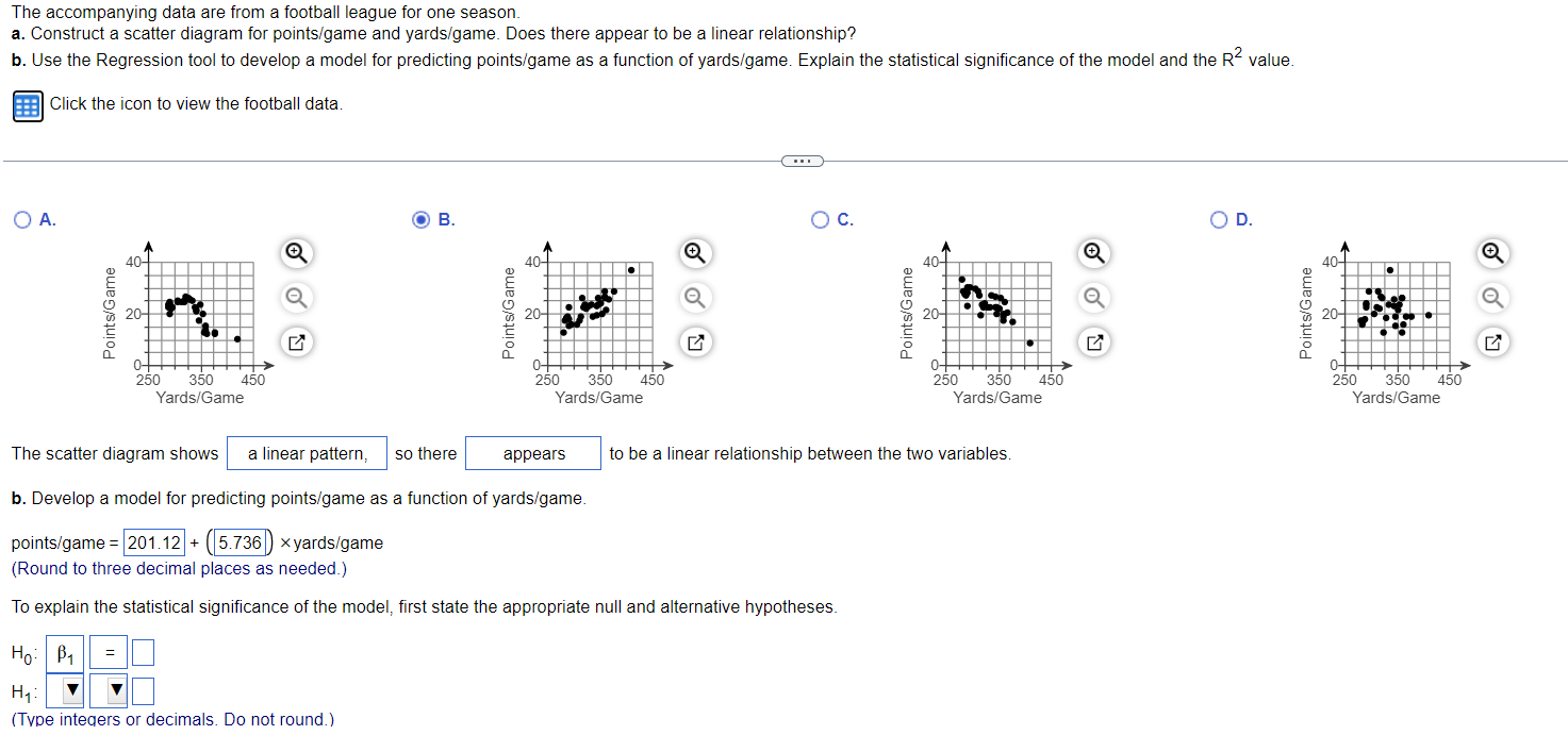 Solved The Accompanying Data Are From A Football League For | Chegg.com