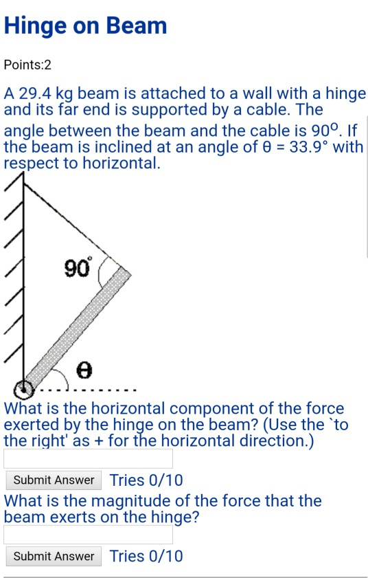 Solved Hinge on Beam Points2 A 29.4 kg beam is attached to