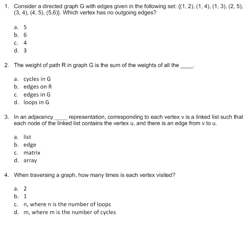 Solved 1. Consider a directed graph G with edges given in | Chegg.com