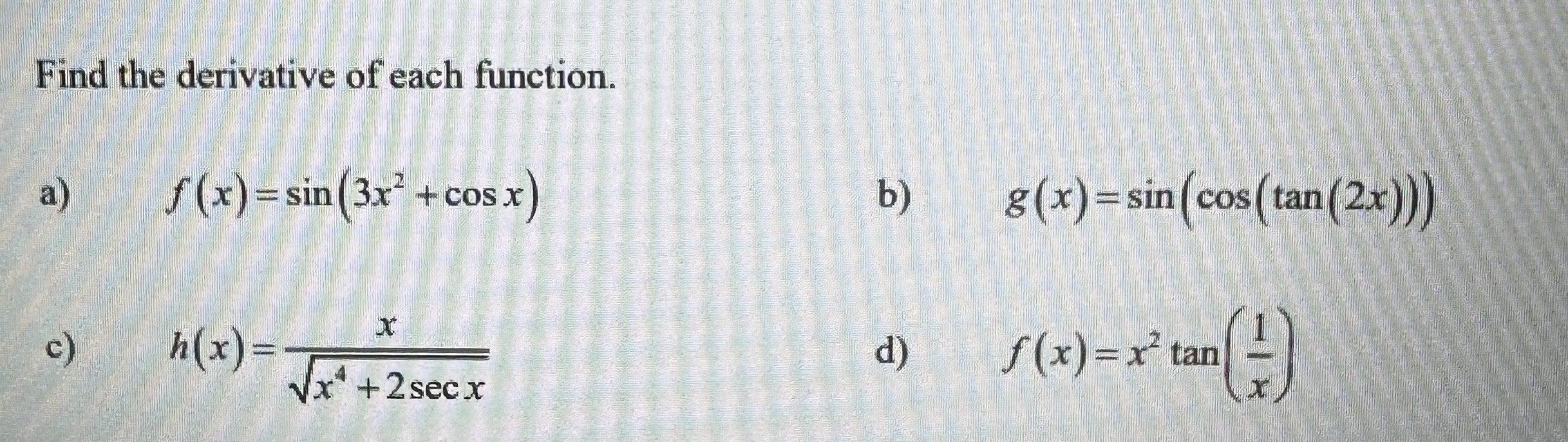 find the derivative of tan inverse sin x cos x