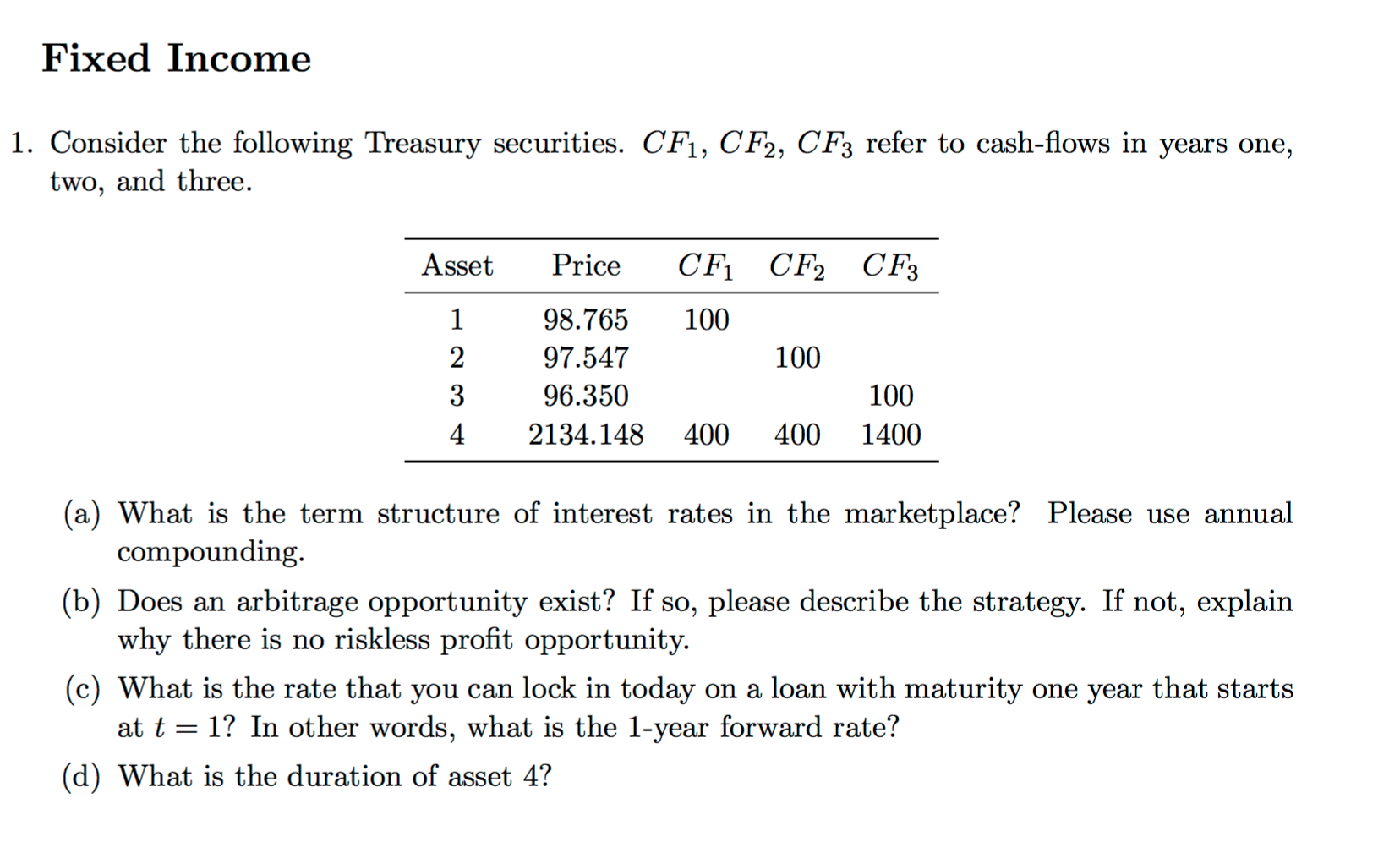 Fixed Income 1. Consider the following Treasury | Chegg.com