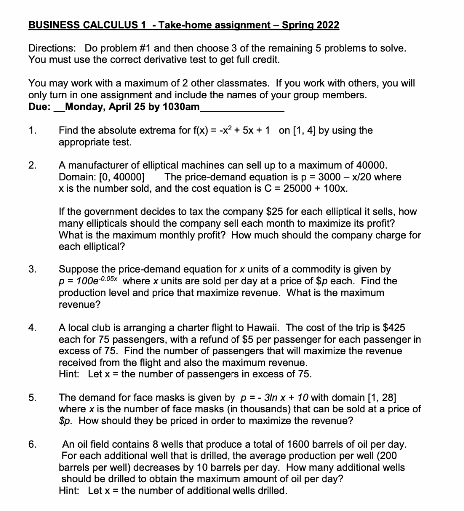 Solved BUSINESS CALCULUS 1 - Take-home assignment - Spring | Chegg.com