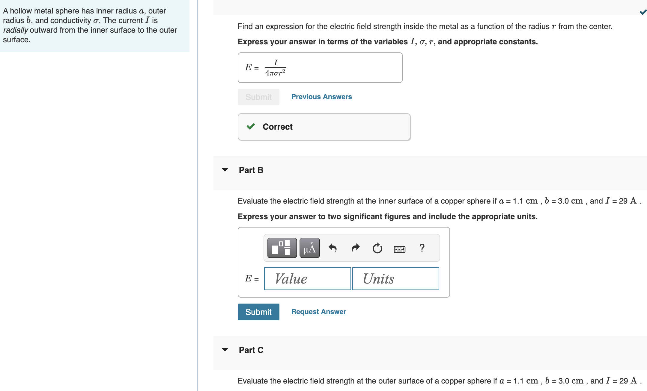 Solved A hollow metal sphere has inner radius a, outer