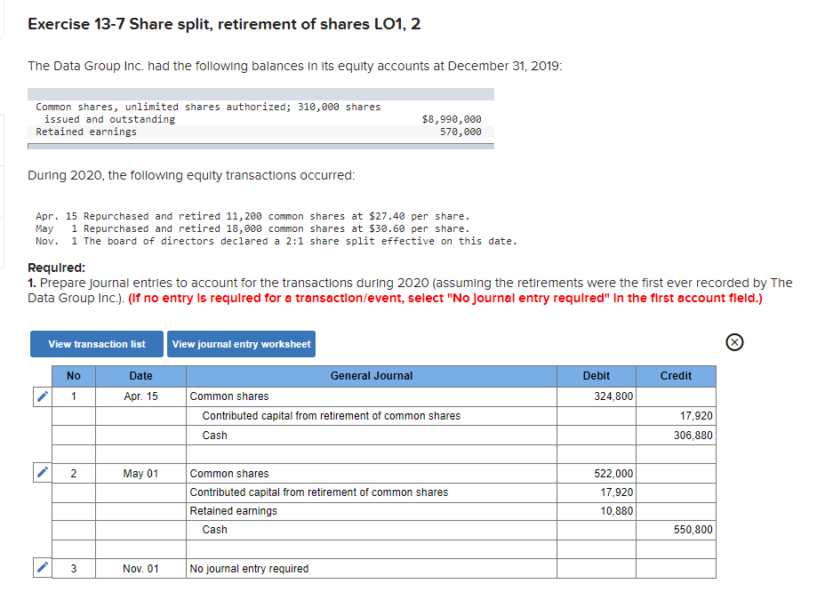 Solved Exercise 13-7 Share Split, Retirement Of Shares L01, | Chegg.com