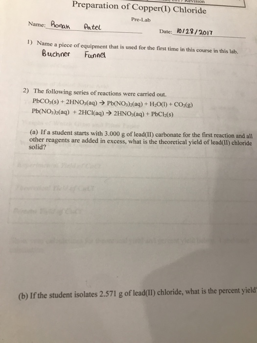 Solved Preparation of Copper(I) Chloride PreLab Name Rorak