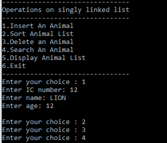 Operations on singly linked list 1. Insert An Animal | Chegg.com