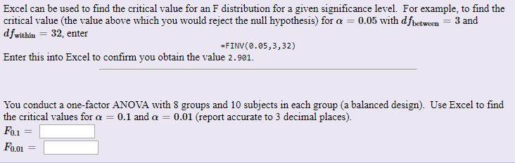 Solved Excel can be used to find the critical value for an F | Chegg.com