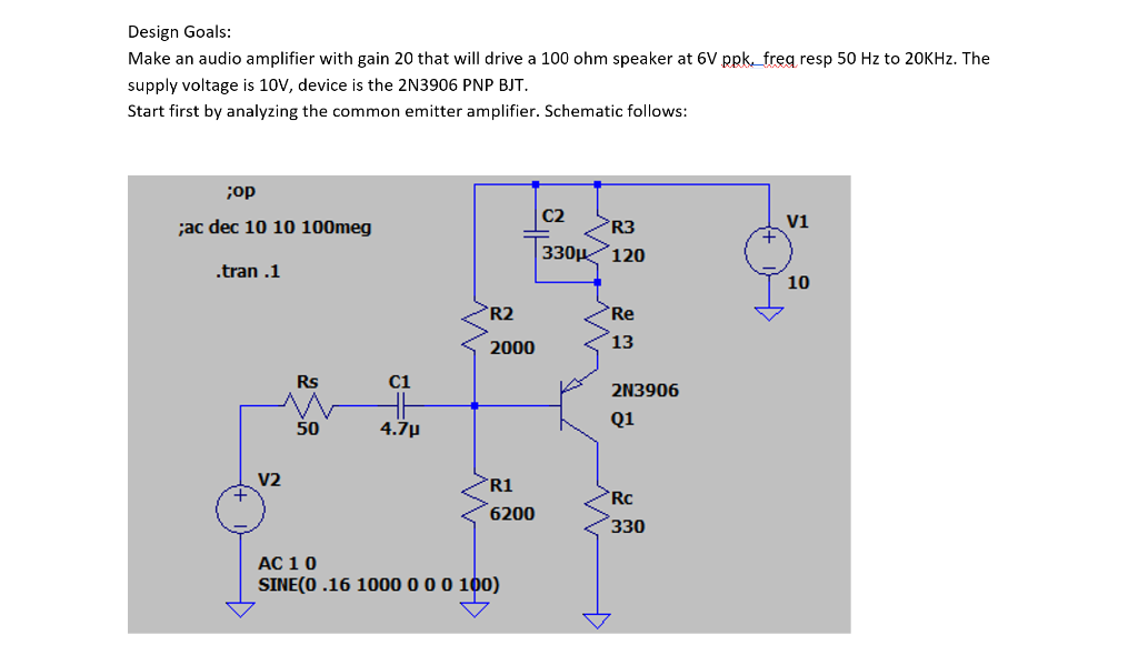 Solved Design Goals: Make an audio amplifier with gain 20 | Chegg.com