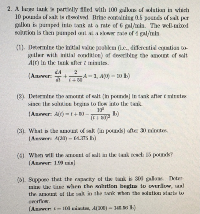 Solved 2. A Large Tank Is Partially Filled With 100 Gallons 