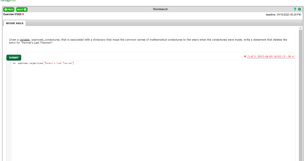 Solved turingscraft (9) PREV NEXT O Workbench Exercise | Chegg.com