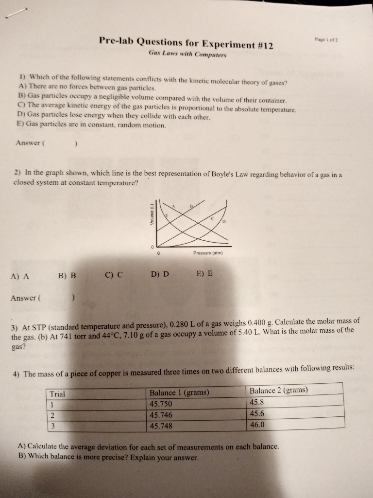 Solved Prelab Questions for Experiment 12 Gas Laws with