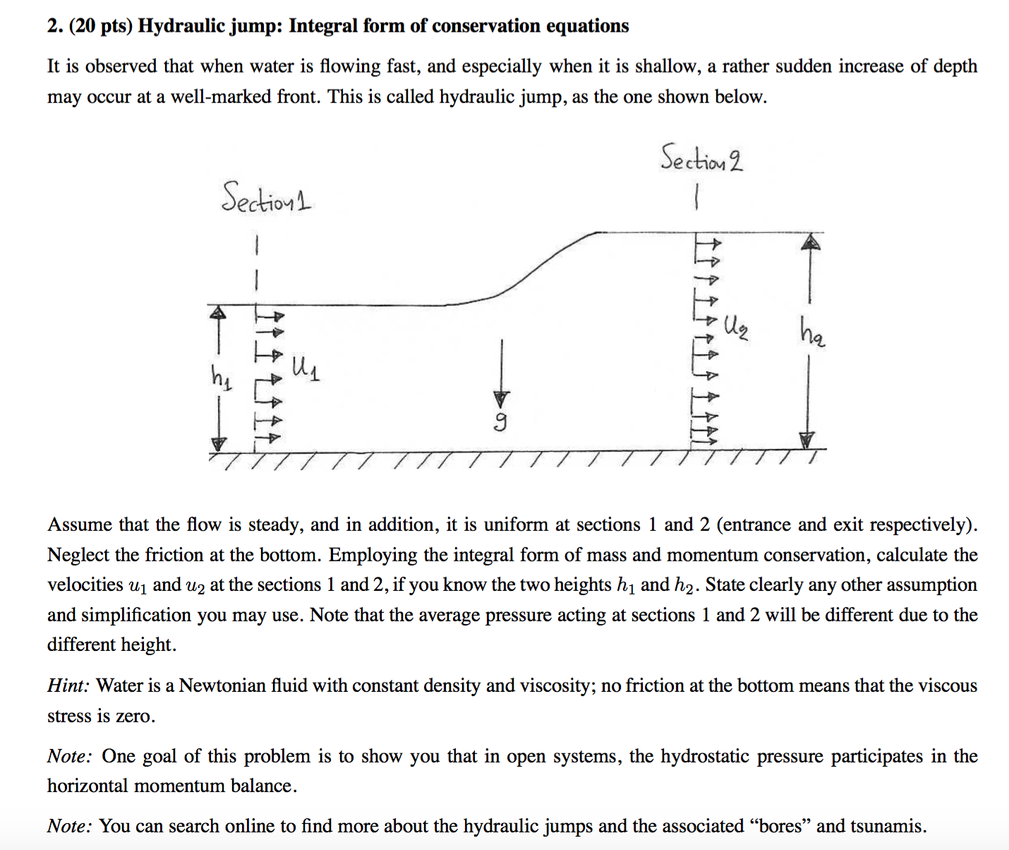 2. (20 pts) Hydraulic jump Integral form of