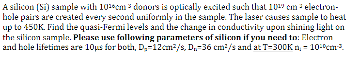 Solved A silicon (Si) sample with 1016cm-3 donors is | Chegg.com