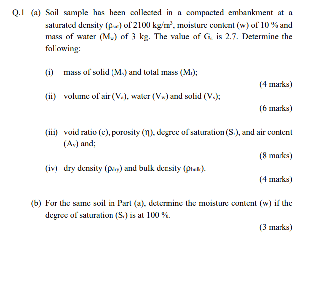 Q 1 A Soil Sample Has Been Collected In A Compacted Chegg Com