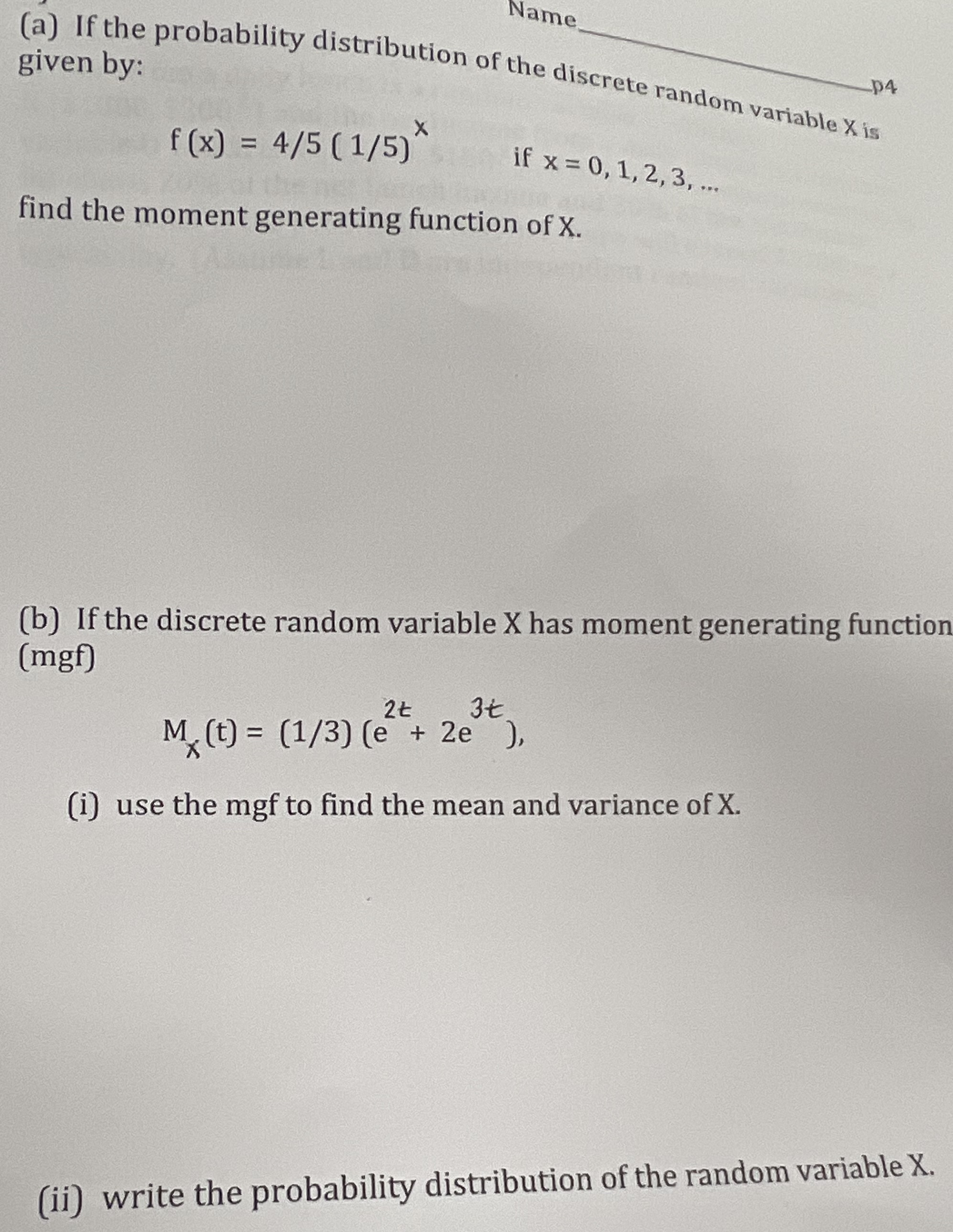 Solved (a) If The Probability Distribution Of The Discrete | Chegg.com