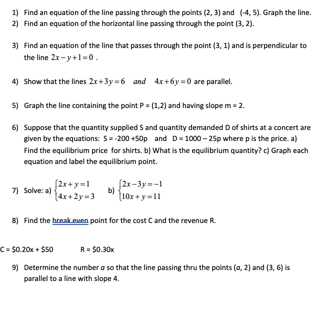 Solved 1) Find an equation of the line passing through the | Chegg.com