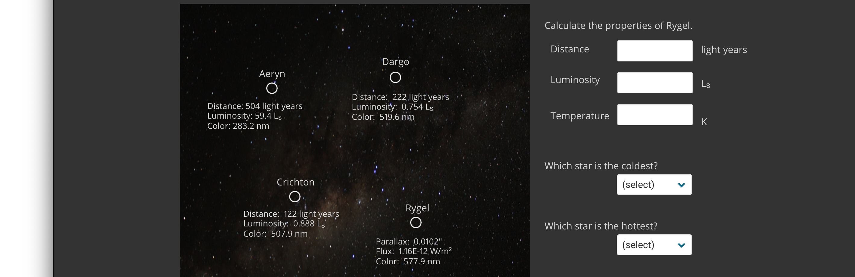 Solved Calculate the properties of Rygel. Distance light | Chegg.com